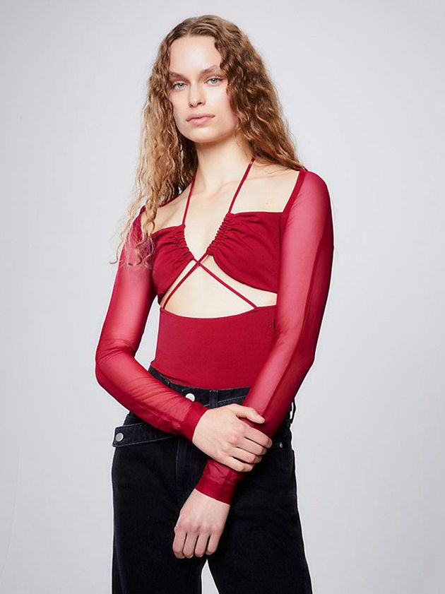 Calvin Klein USA Long Sleeve Cut Out Womens Top Red 5721068-KW